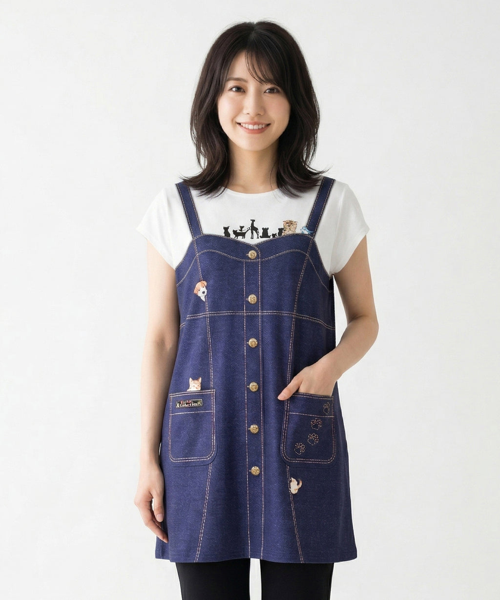 クニオコレクション(KUNIO COLLECTION)のデニムレースアップチュニック(ネイビー)。デニムのジャンパースカート風のだまし絵(トロンプルイユ)デザインに、可愛い動物たちが楽しそうに絡む愛らしいチュニック。リアルに使えるフロントポケットが便利で、さらりとした軽い着心地のストレッチ素材を使用したトップス。
