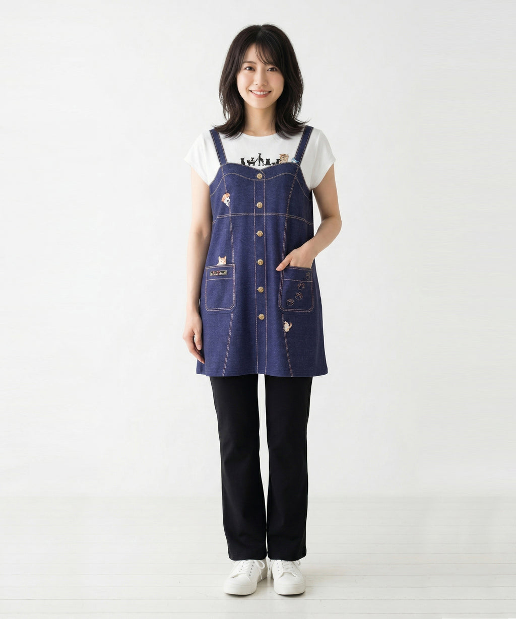 クニオコレクション(KUNIO COLLECTION)のデニムレースアップチュニック(ネイビー)。デニムのジャンパースカート風のだまし絵(トロンプルイユ)デザインに、可愛い動物たちが楽しそうに絡む愛らしいチュニック。リアルに使えるフロントポケットが便利で、さらりとした軽い着心地のストレッチ素材を使用したトップス。